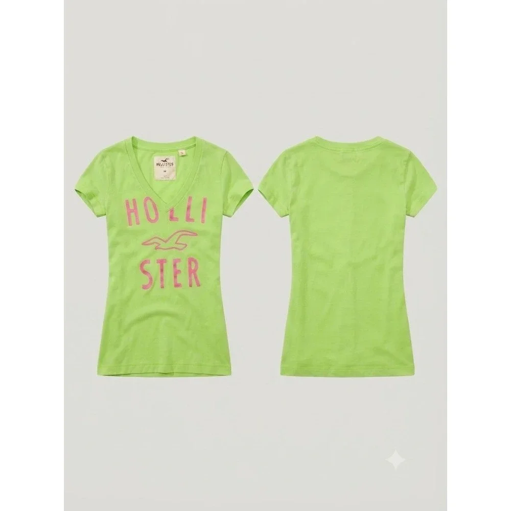 Hollister California Tee Women's XS Neon Green Pink Logo V Neck Short Sleeve - Picture 1 of 5